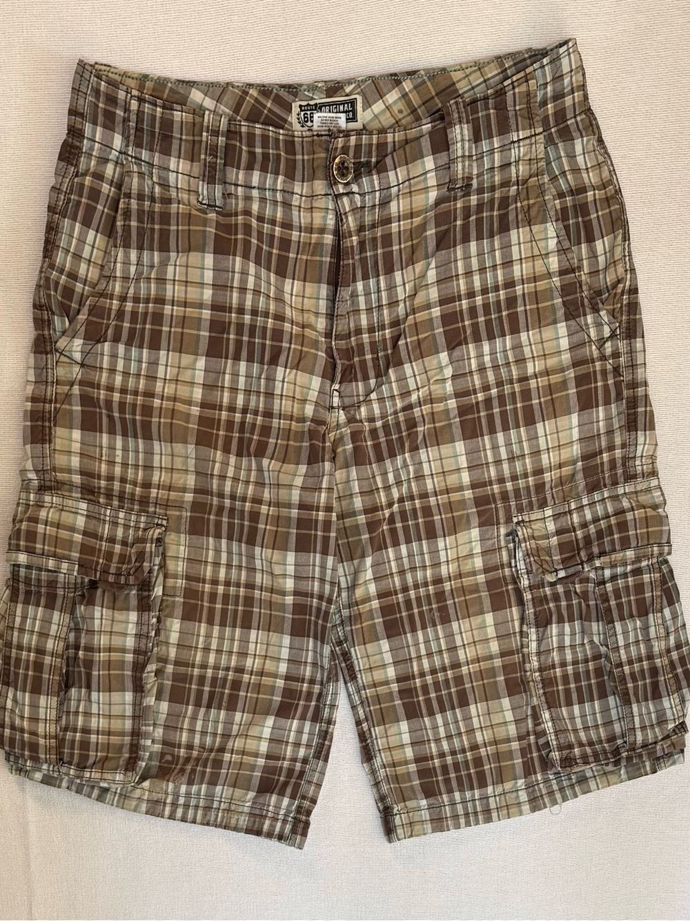 Men’s Route 66 Brown Plaid Cargo Shorts 100% Cotton sz 32